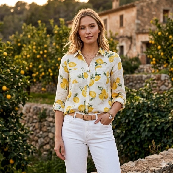 Foxcroft Tops - Foxcroft Lemon Print Button Down Shirt Womens 8 White Yellow Excellent Linen